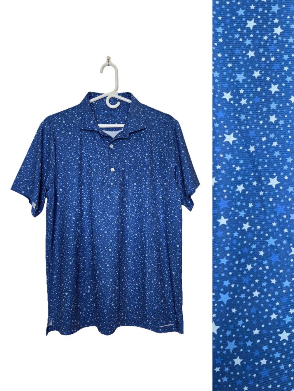 J. McLaughlin Men's Blue Star Print Short Sleeve Peak Performance Polo Shirt
